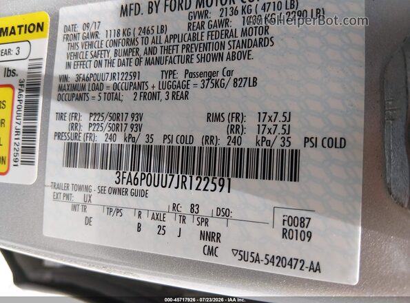 3FA6P0UU7JR122591 2018 FORD FUSION HYBRID Silver Widok komory silnika