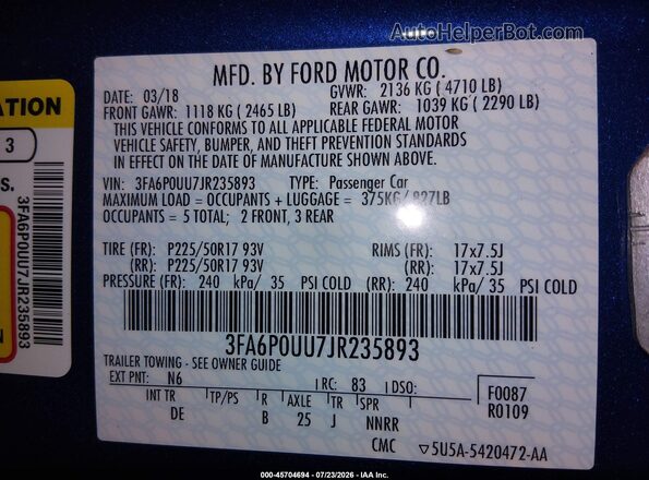 3FA6P0UU7JR235893 2018 FORD FUSION HYBRID Blue Вид підкапотного простору
