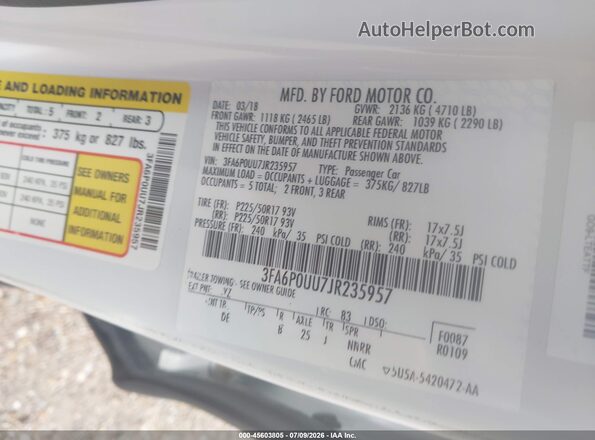 3FA6P0UU7JR235957 2018 FORD FUSION HYBRID White Engine compartment view