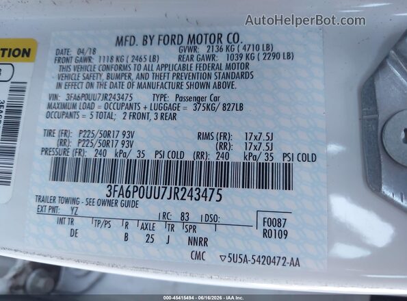 3FA6P0UU7JR243475 2018 FORD FUSION HYBRID White Вид підкапотного простору