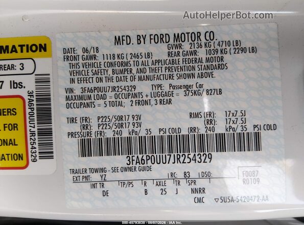3FA6P0UU7JR254329 2018 FORD FUSION HYBRID Белый Вид подкапотного пространства