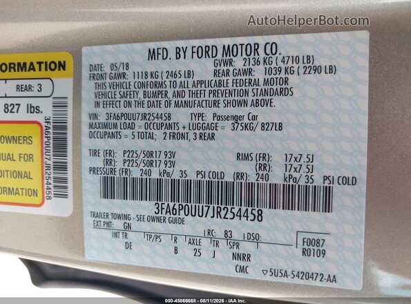 3FA6P0UU7JR254458 2018 FORD FUSION HYBRID Gold ძრავის განყოფილების ხედი