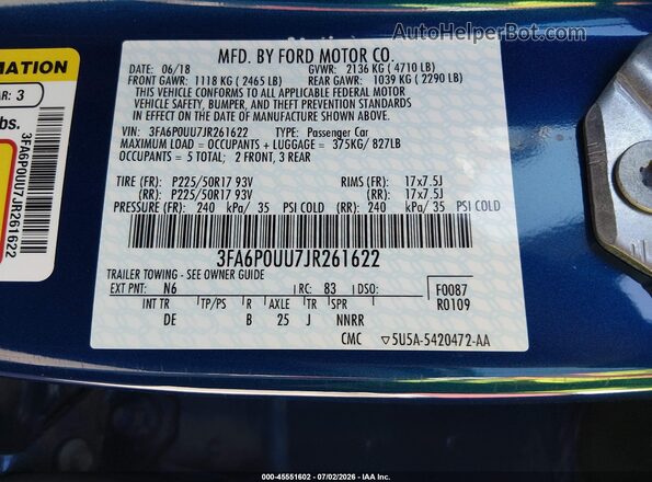 3FA6P0UU7JR261622 2018 FORD FUSION HYBRID Blue Engine compartment view