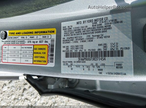 3FA6P0UU7JR271454 2018 FORD FUSION HYBRID Silver Engine compartment view