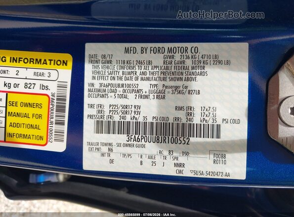 3FA6P0UU8JR100552 2018 FORD FUSION HYBRID Blue Вид підкапотного простору