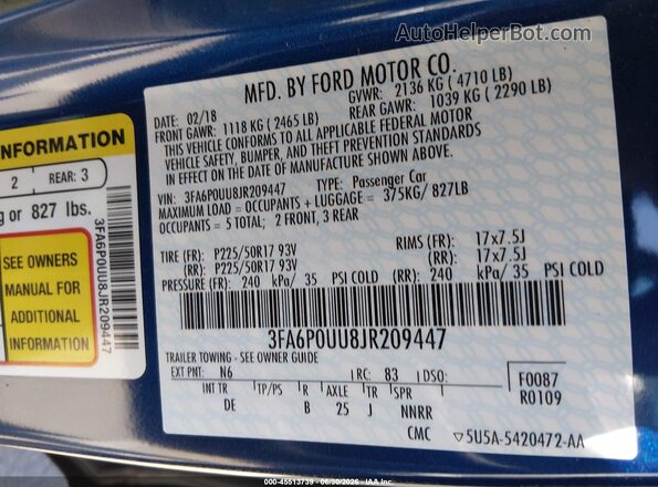 3FA6P0UU8JR209447 2018 FORD FUSION HYBRID Blue Engine compartment view