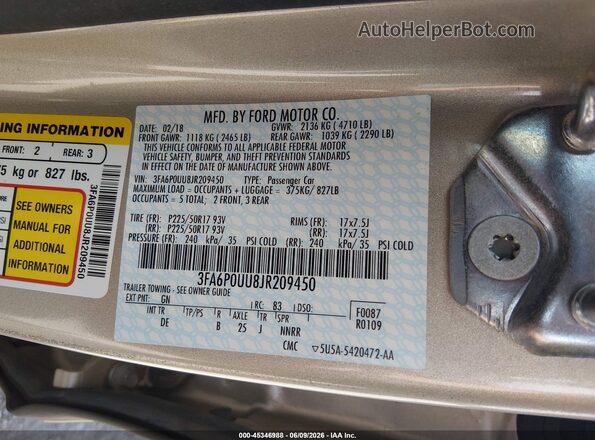 3FA6P0UU8JR209450 2018 FORD FUSION HYBRID Tan Vista del compartimento del motor