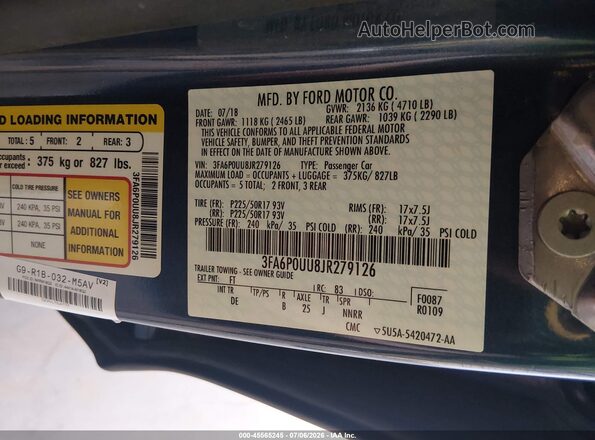 3FA6P0UU8JR279126 2018 FORD FUSION HYBRID Blue Engine compartment view