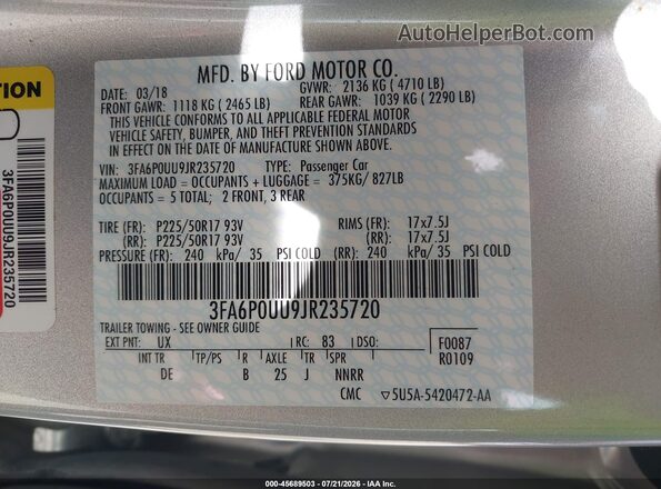 3FA6P0UU9JR235720 2018 FORD FUSION HYBRID Silver Vista del compartimento del motor