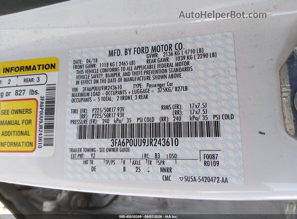 3FA6P0UU9JR243610 2018 FORD FUSION HYBRID White Շարժիչի բաժամունքի տեսք