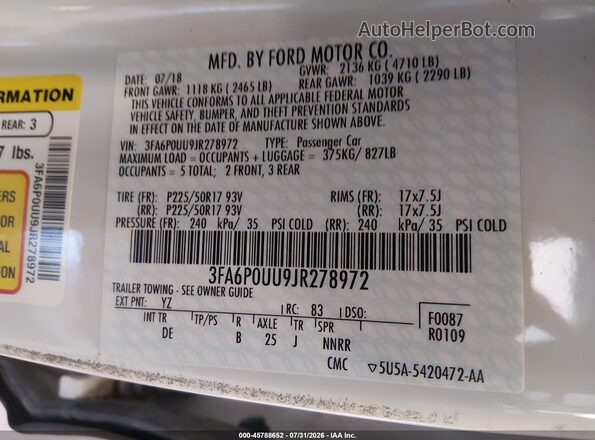3FA6P0UU9JR278972 2018 FORD FUSION HYBRID White Vista del compartimento del motor