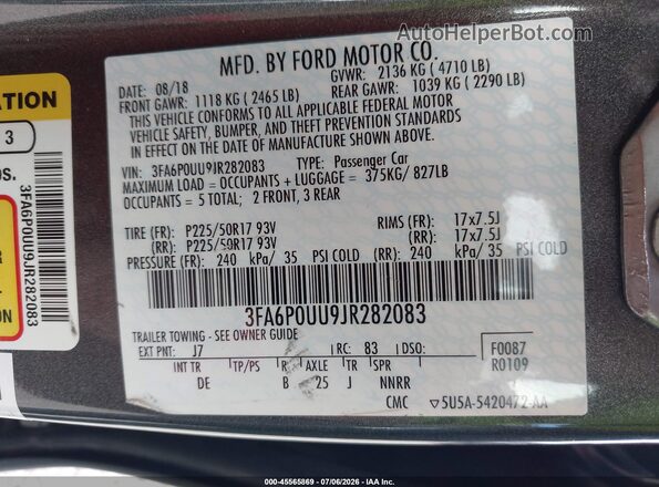 3FA6P0UU9JR282083 2018 FORD FUSION HYBRID Gray ძრავის განყოფილების ხედი