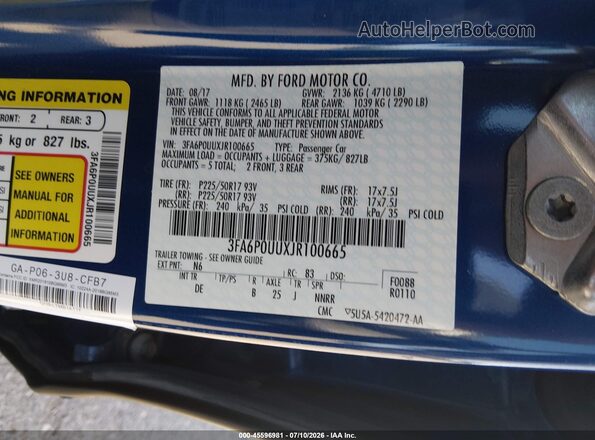 3FA6P0UUXJR100665 2018 FORD FUSION HYBRID Blue Շարժիչի բաժամունքի տեսք