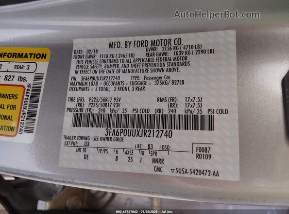 3FA6P0UUXJR212740 2018 FORD FUSION HYBRID Silver Vista del compartimento del motor