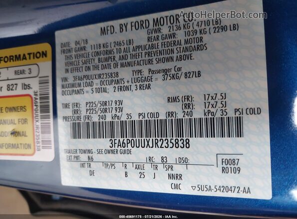 3FA6P0UUXJR235838 2018 FORD FUSION HYBRID Blue Widok komory silnika