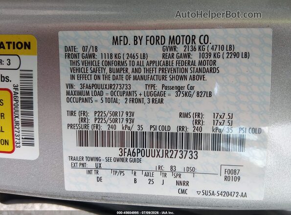 3FA6P0UUXJR273733 2018 FORD FUSION HYBRID Серебряный Вид подкапотного пространства