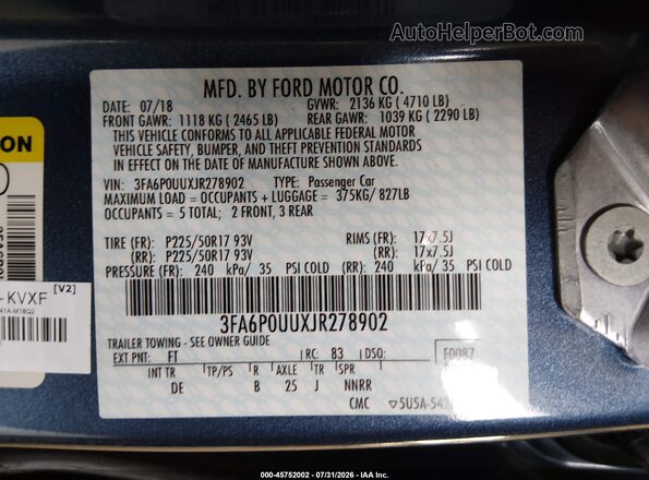 3FA6P0UUXJR278902 2018 FORD FUSION HYBRID Blue Engine compartment view