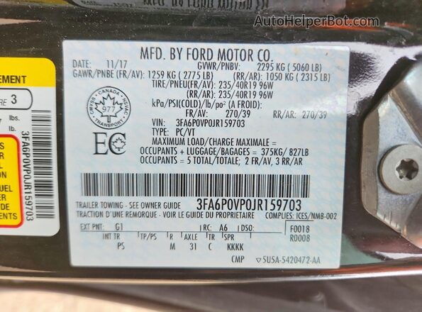 3FA6P0VP0JR159703 2018 FORD FUSION Black Vista de la etiqueta del VIN