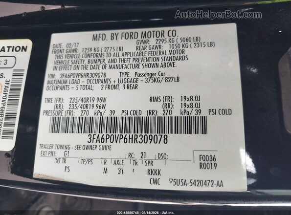 3FA6P0VP6HR309078 2017 FORD FUSION Black Շարժիչի բաժամունքի տեսք