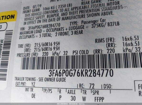 3FA6POG76KR284770 2019 FORD FUSION White Engine compartment view