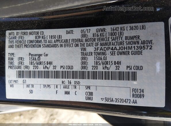 3FADP4AJ0HM139572 2017 FORD FIESTA Black Vista del compartimento del motor