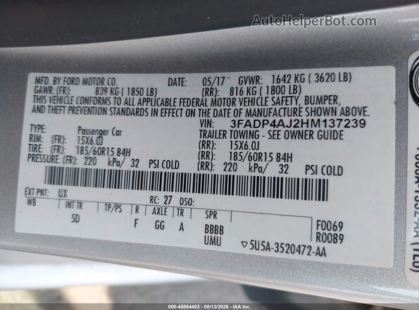3FADP4AJ2HM137239 2017 FORD FIESTA Silver Вид підкапотного простору