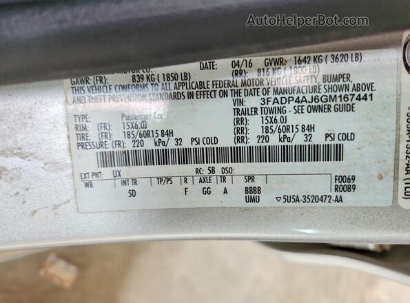3FADP4AJ6GM167441 2016 FORD FIESTA Gray Շարժիչի բաժամունքի տեսք