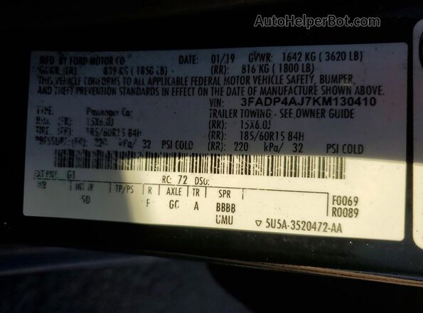 3FADP4AJ7KM130410 2019 FORD FIESTA Черный Вид подкапотного пространства