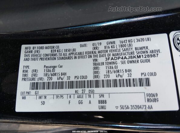 3FADP4AJ8KM128987 2019 FORD FIESTA Black ძრავის განყოფილების ხედი