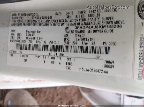 3FADP4AJ8KM145286 2019 FORD FIESTA White Vista del compartimento del motor
