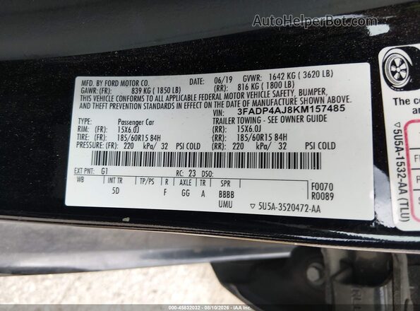 3FADP4AJ8KM157485 2019 FORD FIESTA Black ძრავის განყოფილების ხედი