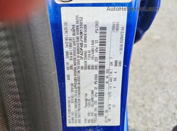 3FADP4BJ1KM135052 2019 FORD FIESTA Blue Вид підкапотного простору