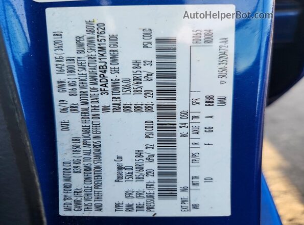 3FADP4BJ1KM157620 2019 FORD FIESTA Blue Շարժիչի բաժամունքի տեսք