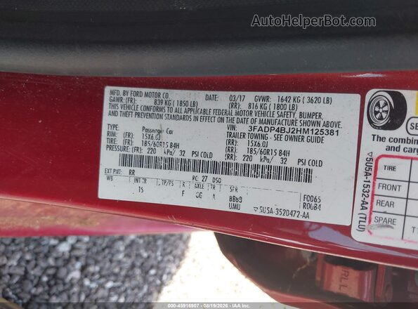 3FADP4BJ2HM125381 2017 FORD FIESTA Красный Вид подкапотного пространства