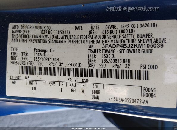 3FADP4BJ2KM105039 2019 FORD FIESTA Blue Widok komory silnika
