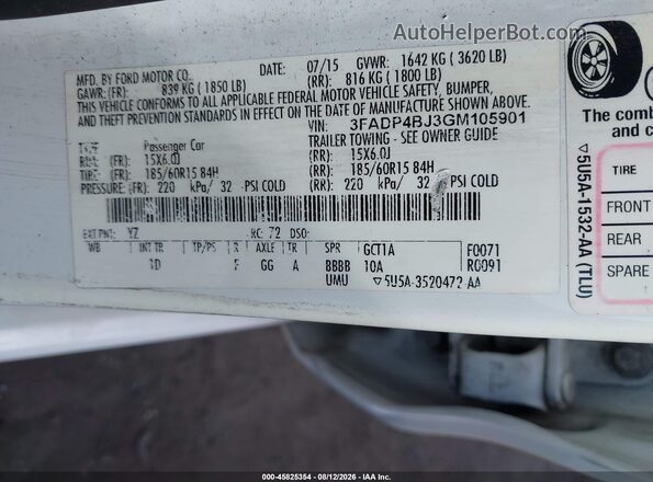 3FADP4BJ3GM105901 2016 FORD FIESTA White ძრავის განყოფილების ხედი
