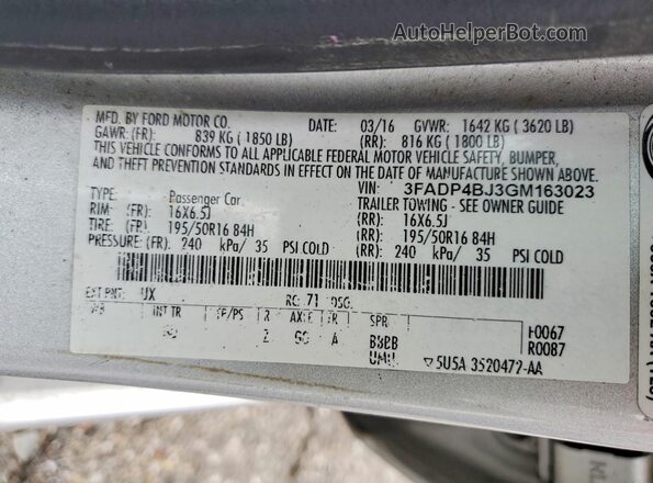 3FADP4BJ3GM163023 2016 FORD FIESTA Серебряный Вид подкапотного пространства