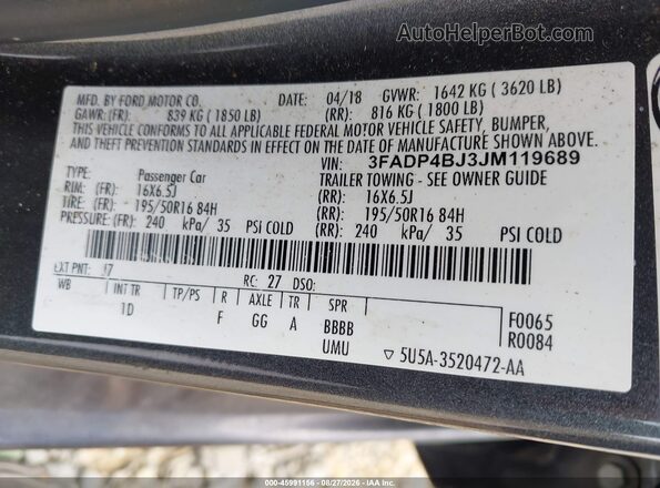 3FADP4BJ3JM119689 2018 FORD FIESTA Серый Вид подкапотного пространства