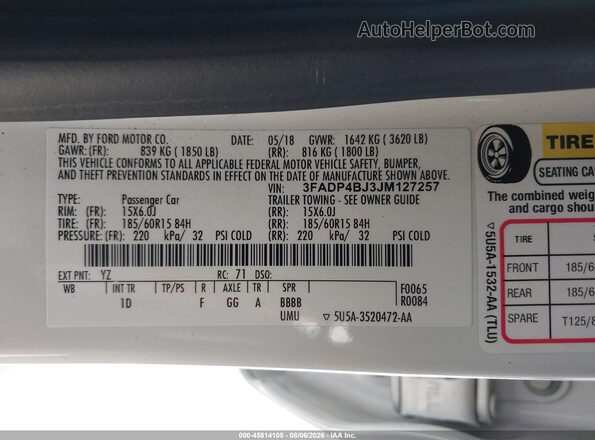 3FADP4BJ3JM127257 2018 FORD FIESTA White Вид підкапотного простору