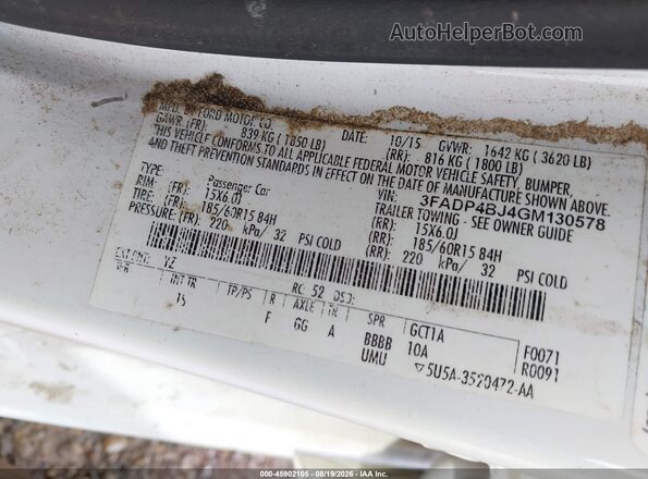 3FADP4BJ4GM130578 2016 FORD FIESTA Белый Вид подкапотного пространства