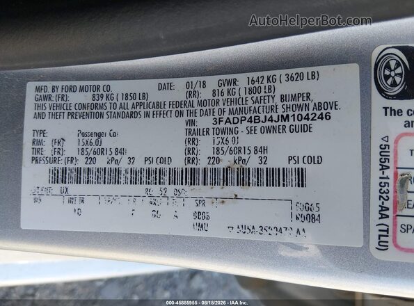 3FADP4BJ4JM104246 2018 FORD FIESTA Silver Вид підкапотного простору