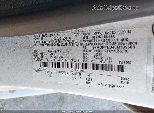 3FADP4BJ4JM109608 2018 FORD FIESTA White Widok komory silnika