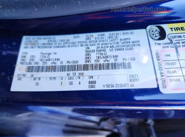 3FADP4BJ5GM202839 2016 FORD FIESTA Blue ძრავის განყოფილების ხედი