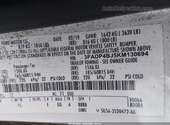 3FADP4BJ5KM130694 2019 FORD FIESTA White Engine compartment view