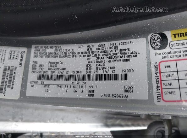 3FADP4BJ5KM140948 2019 FORD FIESTA Silver Widok komory silnika