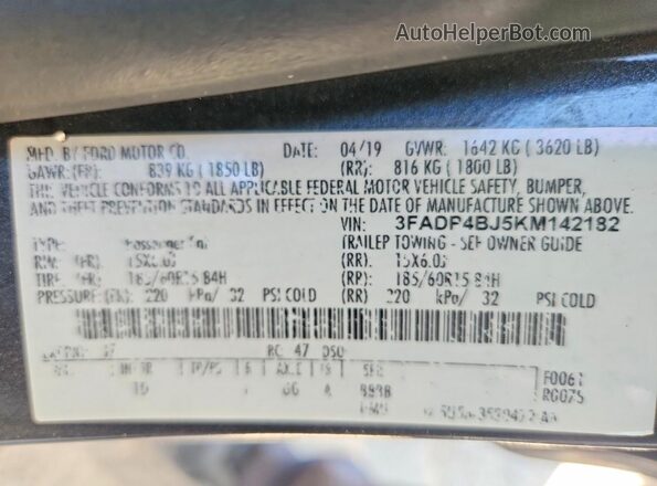 3FADP4BJ5KM142182 2019 FORD FIESTA Silver VIN կոդի պիտակի տեսք