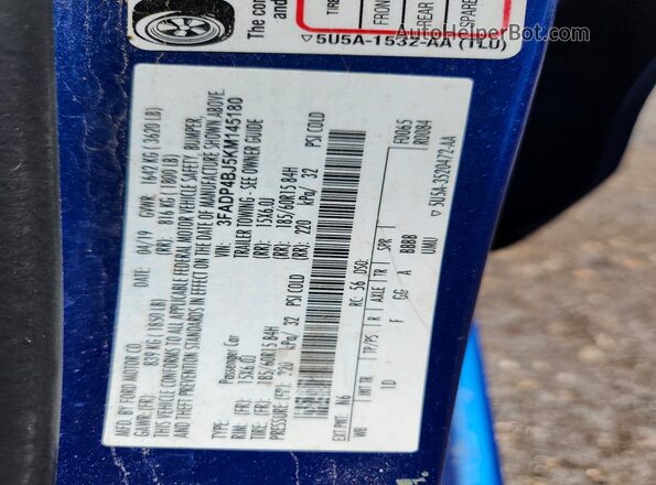 3FADP4BJ5KM145180 2019 FORD FIESTA Blue Engine compartment view