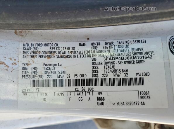 3FADP4BJ6KM101642 2019 FORD FIESTA White Вид підкапотного простору