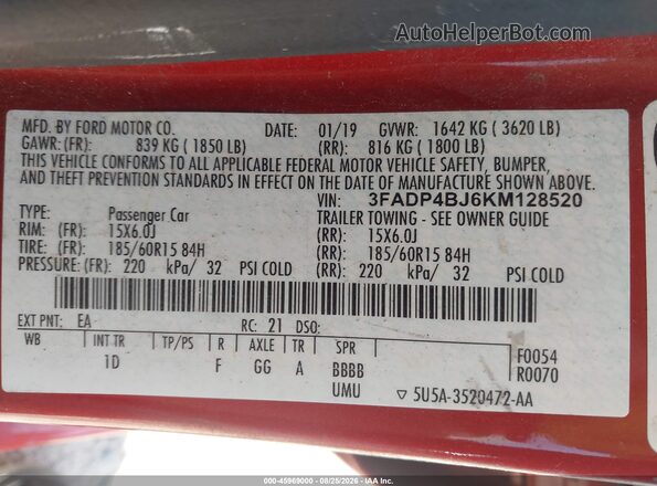 3FADP4BJ6KM128520 2019 FORD FIESTA Красный Вид подкапотного пространства