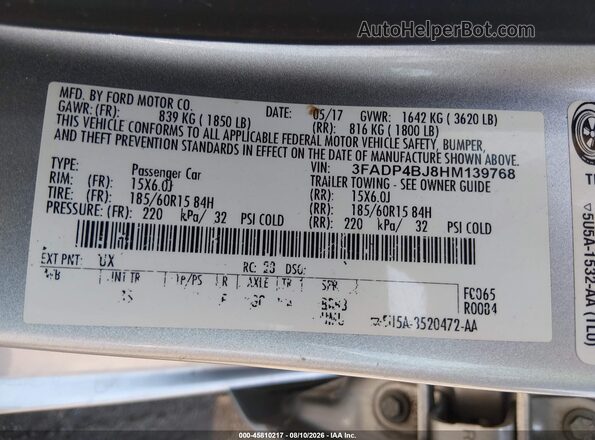 3FADP4BJ8HM139768 2017 FORD FIESTA Silver Вид підкапотного простору